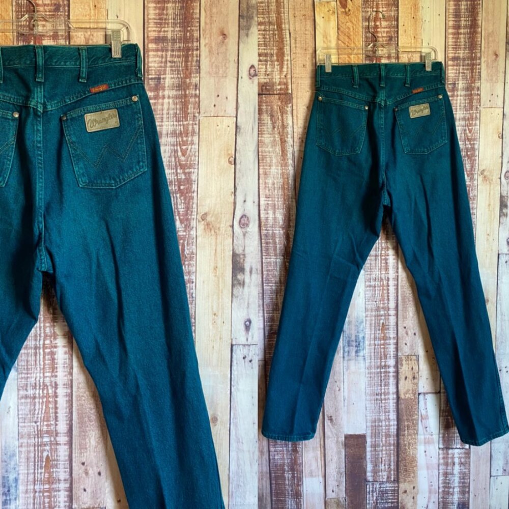 80s High Waisted Turquoise Denim Wrangler Jeans Size 32 x 31